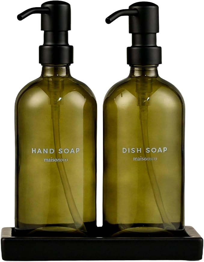 Maisonovo Kitchen Soap Dispenser Set - Hand and Dish Soap Dispenser Set with Green Glass Soap Dispenser, Black Pumps & Ceramic Tray