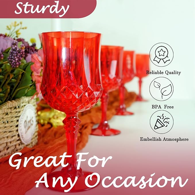 Plastic Wine Glasses, Plastic Goblets Vintage Style Cordial Unbreakable Drinking Glasses, Reusable Drinkware for Wedding Reception, Grand Event Party Supplies,Mother's Day(24, Red)