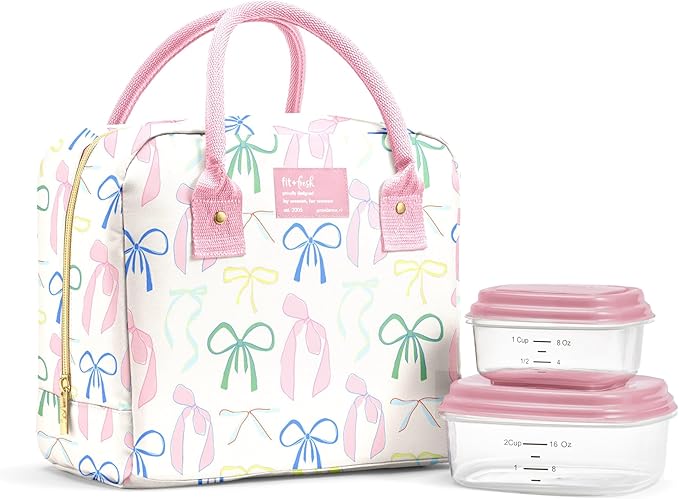 Fit & Fresh Bloomington Lunch Bag for Women - Insulated Large Lunch Box for Work with Containers, Leak-Resistant, Stain-Resistant, Zipper Closure, Pink Dainty Bows