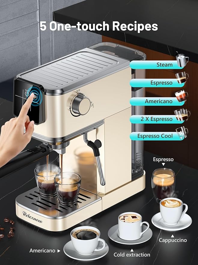 RELEXNOW Espresso Machine, 20 Bar Espresso Maker Milk Frother & LCD Panel, Hot & Iced Coffee Machine, Stainless Steel Espresso Coffee Machine with 41oz Water Tank for Cappuccino, Latte