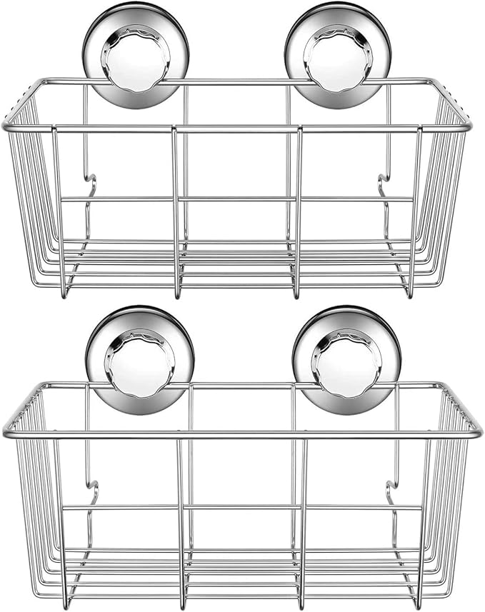 SANNO Vacuum Suction Cup Soap Dish Holder Double Suction Hooks Shower Caddy Large Basket Shelf,Bath Organizer Kitchen Storage Basket for Gel Holder Shampoo, Conditioner
