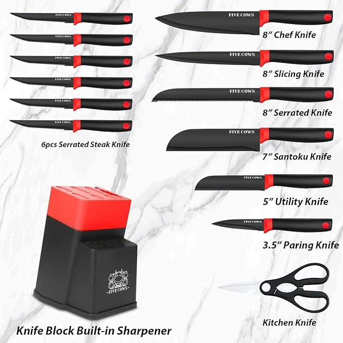 14 Pcs Kitchen Knife Block Set with Sharpener German High Carbon Stainless Steel Chef Knives, Razor-Sharp & Durable, Lightweight Anti-Slip Handle, Professional Set for Home & Kitchen (Red)