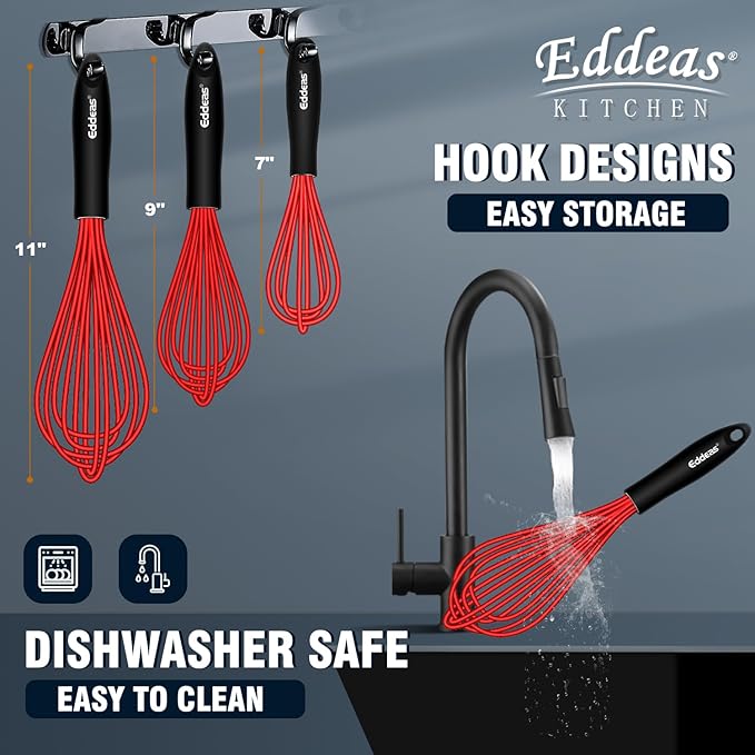 Silicone Whisk, 500°F Heat Resistant Whisks For Cooking, Non-Scratch Coated Whisks set of 3 7",9"&11inch, Balloon Kitchen Wisk tool Set, for Wisking, Blending, Beating, Stirring, Red