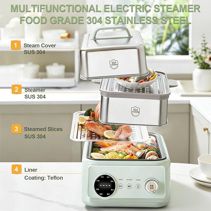 13.6Qt 2-Tier Electric Food Steamer, 8 Modes, Dry Protection, 24h Reservation and Timer, 4-8 Servings, Stainless Steel Electric Steamer for Vegetable Seafood (Green)