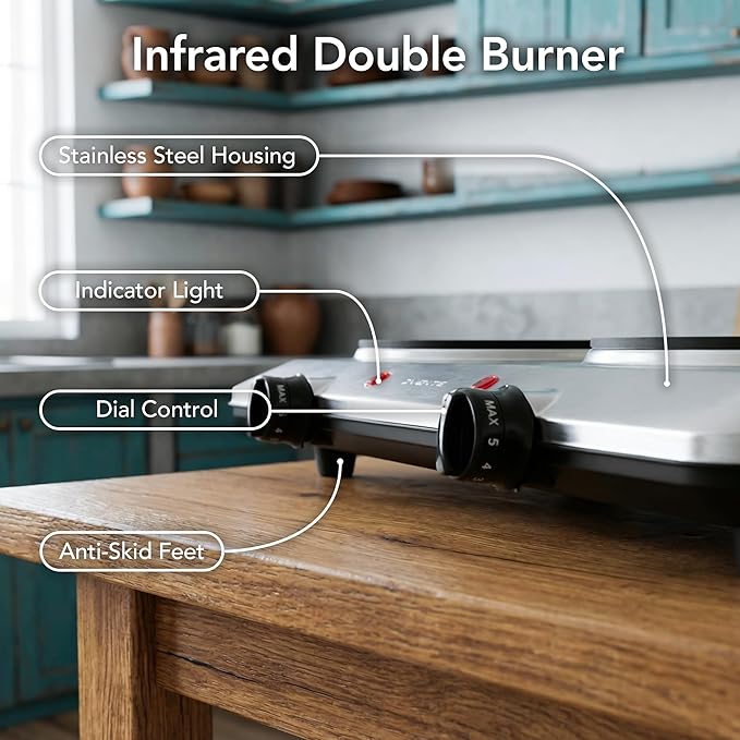 OVENTE Countertop Infrared Double Burner, 1500W Electric Hot Plate and Portable Stove with 7.5” Ceramic Glass Cooktop, 6 Level Temperature Setting and Easy to Clean Base, Silver BGI202S