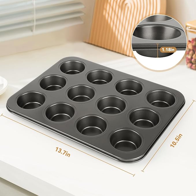 Artcochan 2 Pack Muffin Pan with 100 Cupcake Liners, 12 Cup Nonstick Cupcake Pan for Baking, Carbon Steel Baking Supplies Muffin Tin
