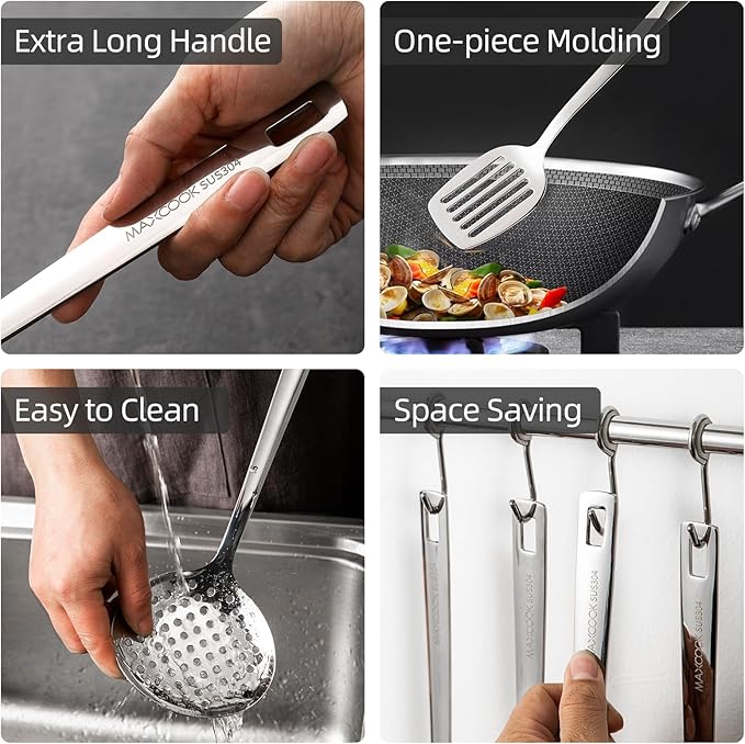 18/8 Stainless Steel Cooking Utensil set, 8 Pieces Metal Kitchen Utensils set, Slotted Spoon,Meat Fork,Ladle,Skimmer,Spatula,Spaghetti Server,Large Spoon,Masher (Dishwasher Safe, Silver)