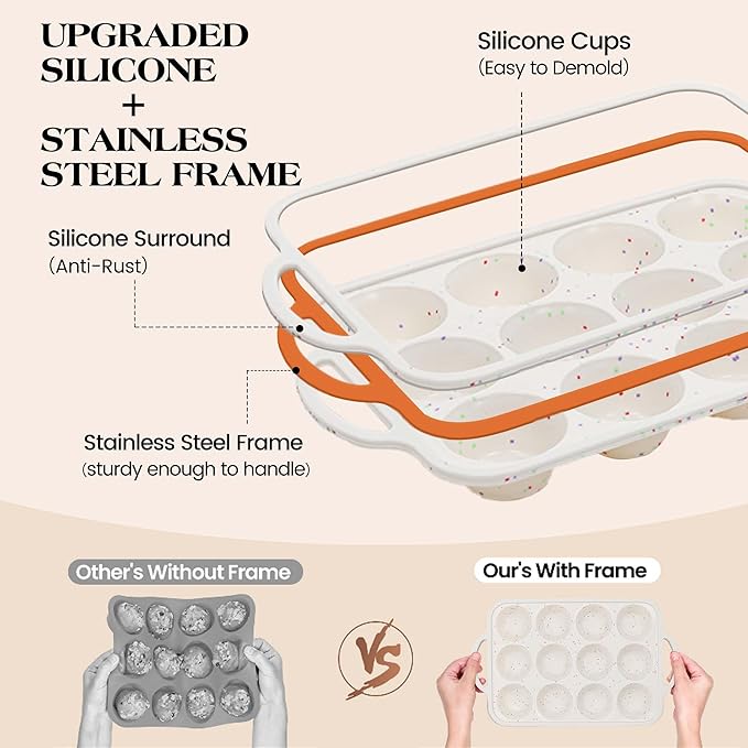 8 Pcs Baking Pans Set, Silicone Bakeware Sets with Metal Reinforced Frame, Nonstick Stackable Carbon Steel Non Toxic Baking Sets for Cooking (Cream)
