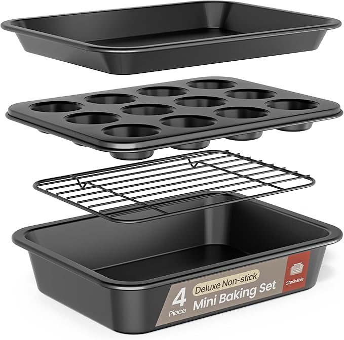Bakken 4-Piece Bakeware Sets, Nonstick Carbon Steel Baking Sheet, Stackable Space-Saving Bakeware, Dishwasher Safe, Stain-resistant, PFOA, PFOS, & PTFE Free, Oven Safe Up To 450°F, Black