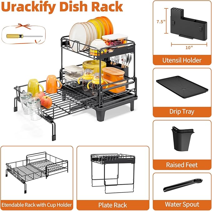 Urackify Dish Drying Rack - Extendable Dish Drainer, Large Dish Rack for Kitchen Counter, Rustproof Dish Strainer with Utensil Holder and Cups Holder, 2 Tier Black