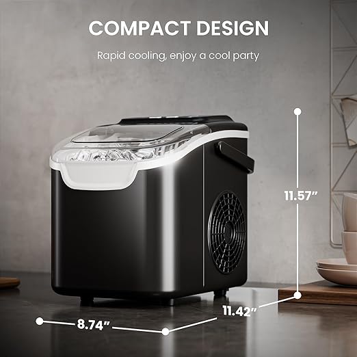 AGLUCKY Ice Makers Countertop with Self-Cleaning, 8 Cubes Ready in 6 Mins, Portable Ice Machine with 2 Sizes Bullet Ice/Ice Scoop/Basket for Home/Kitchen/Office/Bar/Party, Black