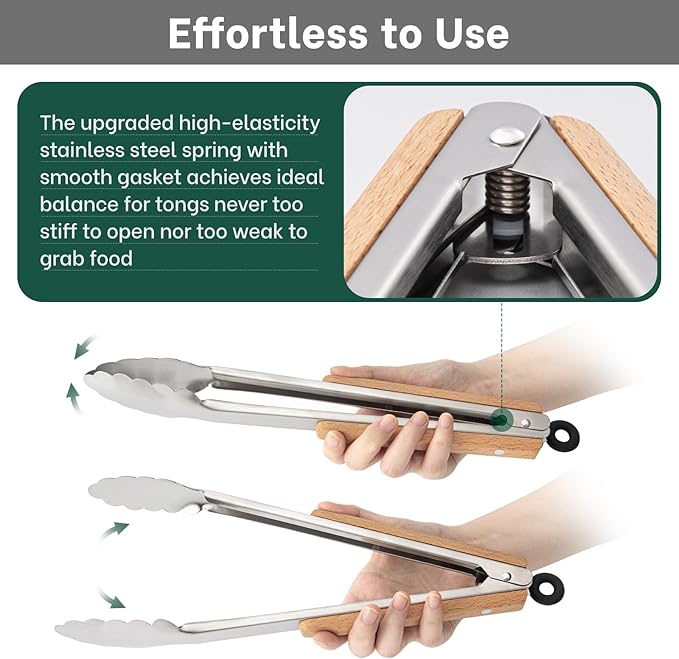 Beneno 12-Inch Food-Grade Stainless Steel Kitchen Tongs with Heat-Insulating Wooden Handle & Non-Slip Scalloped Tips, Heavy Duty Locking Food Tongs for Cooking, Grilling, BBQ and Serving