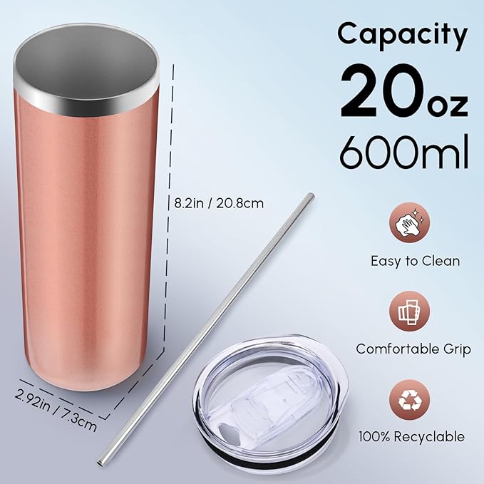 Volhoply 4 Pack Skinny Tumblers with Lid and Straw, 20oz Stainless Steel Straight Tumbler Bulk, Vacuum Insulated Coffee Mug for Home, Office, Travel, DIY (Rose Gold,4 Pack)