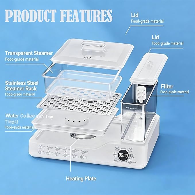 Electric Steamer: 24L/25QT Electric Steamer for Cooking, 3 Tier Food Steamer with Detachable Water Tank, Steamer for Food with 800W Power for Veggies, Seafood & Rice, BPA-Free