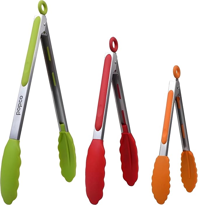 Popco 3-Piece Kitchen Tongs Set – Stainless Steel Heat Resistant Silicone Tips, Strong Comfort Grip, 3 Sizes (7, 9, 12 Inch), Non-Scratch, Dishwasher Safe, for Cooking, BBQ, Salad