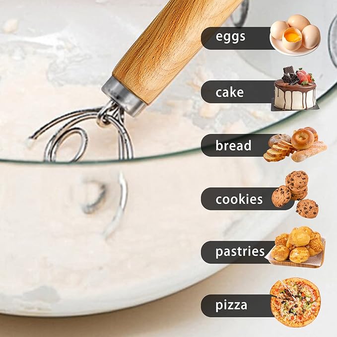 TEEVEA Danish Dough Whisk for Sourdough Bread, Pizza & Pastry - Wooden Handle with Stainless Steel Hook