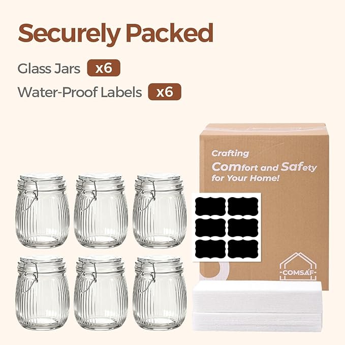 ComSaf 25oz Fluted Glass Mason Jars - Set of 6 Vintage Canisters with Airtight Lids for Sourdough Starter, Pickling, Coffee & Pantry Organization, Farmhouse Kitchen Decor