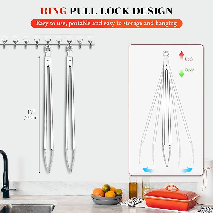 Grill Tongs - 17 Inch Extra Long BBQ Tongs, Heat Resistant Stainless Steel Kitchen Tong, Heavy Duty Metal Locking Tong for Cooking, Grilling, BBQ/Barbecue, Food (17 inch)