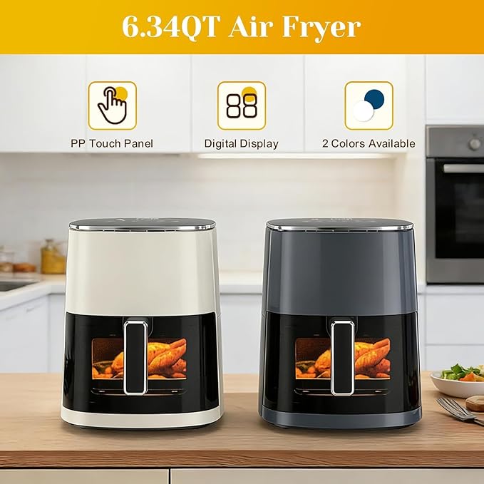 6-Quart Square Air Fryer with Viewing Window – 12-in-1 Multi-Function Appliance for Frying, Roasting, Baking, Steaming & Dehydrating, 400°F Maximum Temperature, Beige