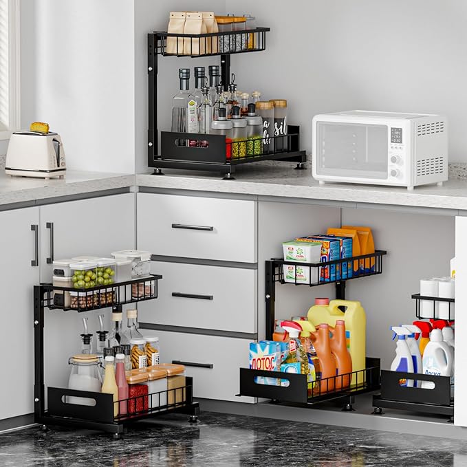 L-Shaped Under Sink Organizer, 2-Tier Pull Out Metal Kitchen Cabinet Organizer with Sliding Storage Drawer, Height Adjustable Heavy Duty Under Bathroom Sink Storage for Cleaning Supplies 1 Pack