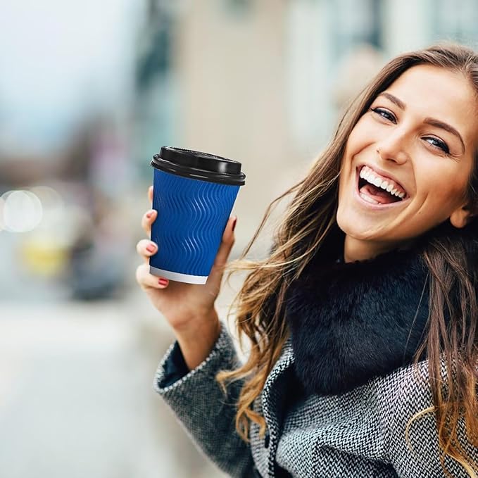 100 Pack Coffee Cups with Lids 16 oz, Disposable Insulated Ripple Wall To Go Paper Coffee Cups for Hot/Cold Drinks Office Home Shop Event (Navy)