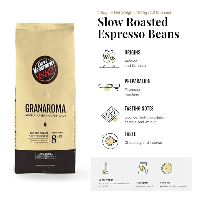 Caffe Vergnano Gran Aroma Whole Bean Coffee 2.2 lb (Pack of 2) - Italian Medium Roast For Espresso Maker, Moka Pot, French Press, Coffee Maker, Cocoa Spice Dried Fruit Notes Flavored Coffee