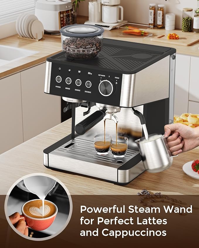 (2026 Upgrade) Espresso Machine with Grinder, Expresso Coffee Machines with Built-in Anti-Clog Coffee Grinder/Milk Steam Wand/Frother, Expresso Machines for Home Perfect Cappuccino & Latte-Gloss Black
