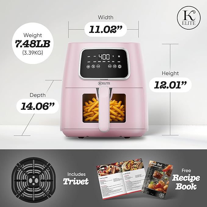 Kitchen Elite 5.5 Qt. Digital Air Fryer, Countertop Cooker with LED Screen, Presets for Air Fry, Roast, Dehydrate, Defrost and Reheat, Pink