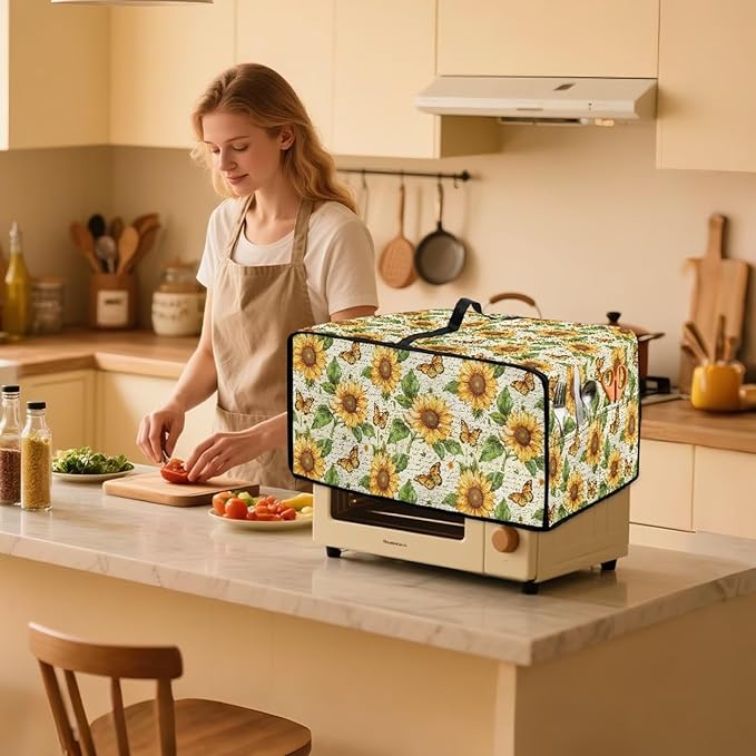 Countertop Convection Oven Cover Dust-Proof Toaster Oven Cover with Accessories Pockets, Countertop Convection Oven Protector, M, Sunflower Butterfly Retro Letter Print