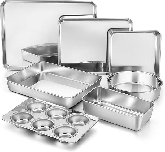 TeamFar Bakeware Sets of 7, Stainless Steel Bakeware Sets for Oven, Baking Sheet & Toaster Oven Pan, Square & Round Cake Pan, Muffin Pan & Loaf Pan, Lasagna Pan, Healthy & Sturdy, Dishwasher Safe