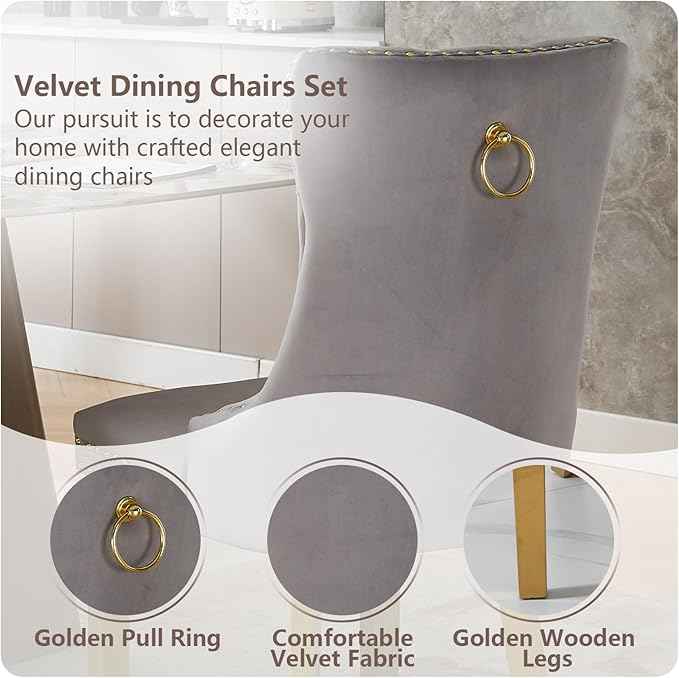 Velvet Dining Chairs Set of 6, Kitchen & Dining Room Chairs, Upholstered Dining Chairs with Back Ring Pull and Golden Solid Wood Legs, Modern Tufted Kitchen Chairs for Dining Room, Light Grey