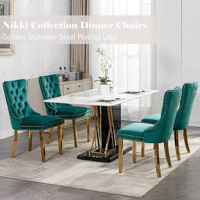 Velvet Dining Room Chairs Set of 4, Upholstered Dining Chairs with Back Ring Pull Trim and Golden Stainless Steel Legs,Modern Dining Chair Perfect for Dining Room,Living Room,Kitchen(Green)