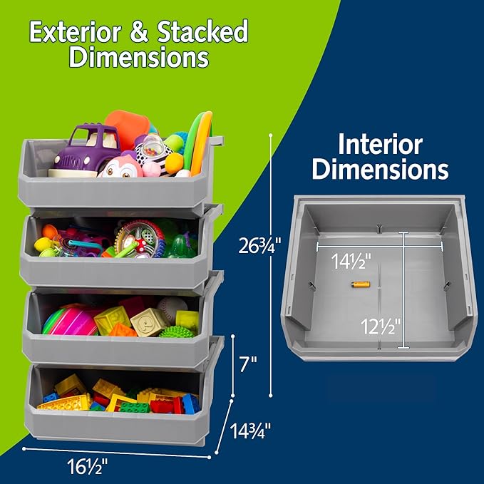 Plastic Containers for Organizing and Storage Bins for Closet, Kitchen, Office, Garage or Pantry Organization, Stackable Bins, Extra Large (14.8" x 16.5" x 7"), 4-Pack, Grey