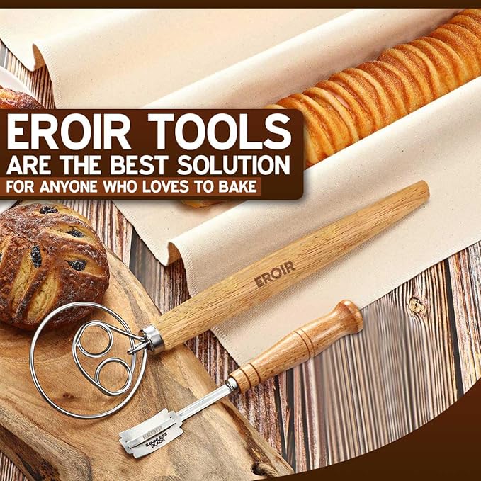 EROIR Danish Dough Whisk and Bread Lame Set - 13 Inch Dutch Bread Whisk - Bread Lame Dough Scoring Tool with 10 Razor Sharp Blades and Leather Cover