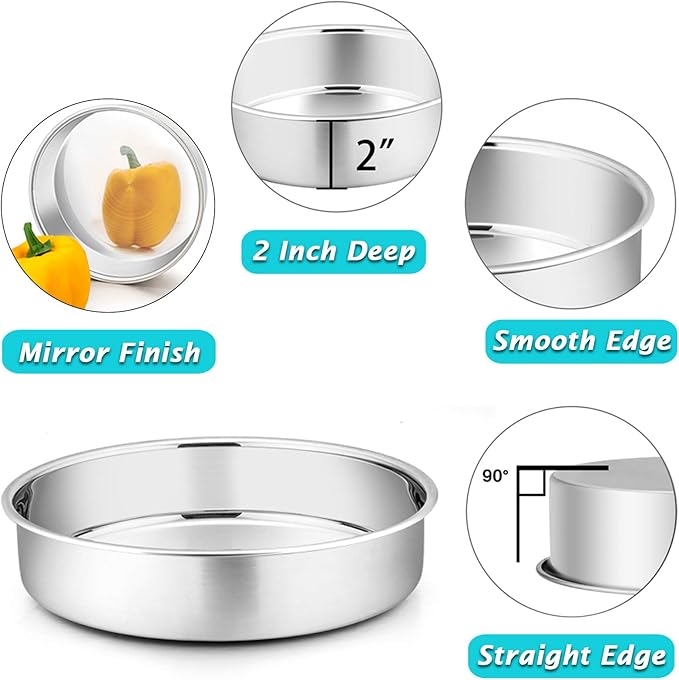 P&P CHEF 9.5 Inch Cake Pan Set of 2, Stainless Steel Round Baking Layer Cake Pans, Non Toxic & Healthy, Leak-proof & Easy Clean, Mirror Finish & Easy Releasing, Oven & Dishwasher Safe