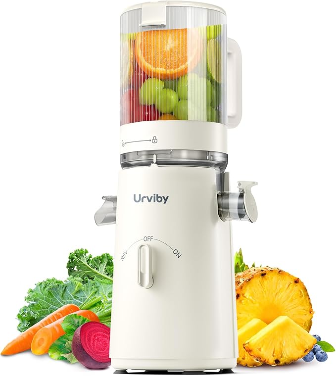 Juicer Machines, 2-in-1 Cold Press Juicer for Juice & Sorbet, suit for Vegetable and Fruit with 5-Inch Wide Chute, Powerful Masticating/High-Yield High Nutrients/Rev Mode/Easier Clean (Off-white)