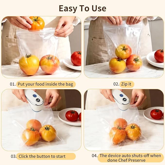 Compact Vacuum Sealer Machine for Food with 10 Reusable Vacuum Bags, Seal Food 5X Fresh Longer, Handheld Portable Rechargeable Wireless for Food Storage