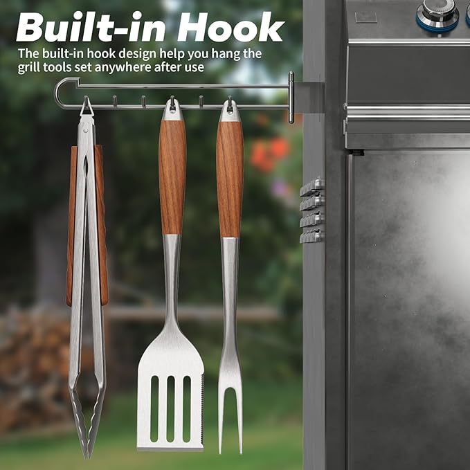 ENLOY Heavy-Duty Barbecue Grilling Tools Set, Outdoor Grill Accessories with Spatula, Fork & Tongs, Extended Rosewood Handle & Food-Grade Stainless Steel for Barbecue & Grill, 3Pcs BBQ Tools for Men
