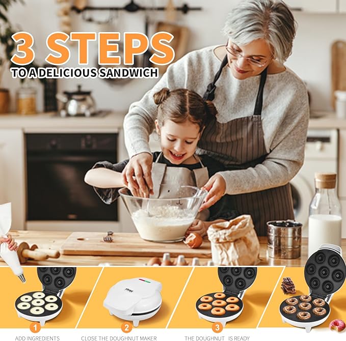 DSP Mini Donut Maker - Non-Stick, Cool Touch Electric Doughnut Machine for Mini Donuts - Perfect for Breakfast, Snacks & Desserts (White, 7 Donuts)