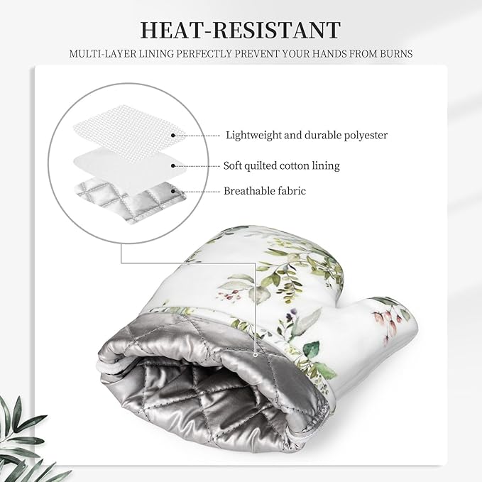 Sage Green Eucalyptus Oven Mitts and Pot Holders Set, 4pcs Silicone Watercolor Butterfly Leaves Oven Glove for Kitchen Heat Resistant Oven Mitts and Potholders Non-Slip for Cooking