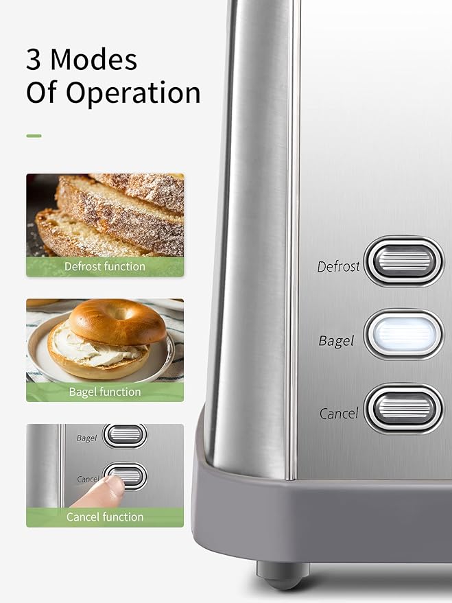 Yabano Retro Bagel Toaster - 2 Slice, 2 Extra Wide Slots, 7 Shade Settings, Defrost/Bagel/Cancel, Removable Crumb Tray, Stainless Steel, Silver