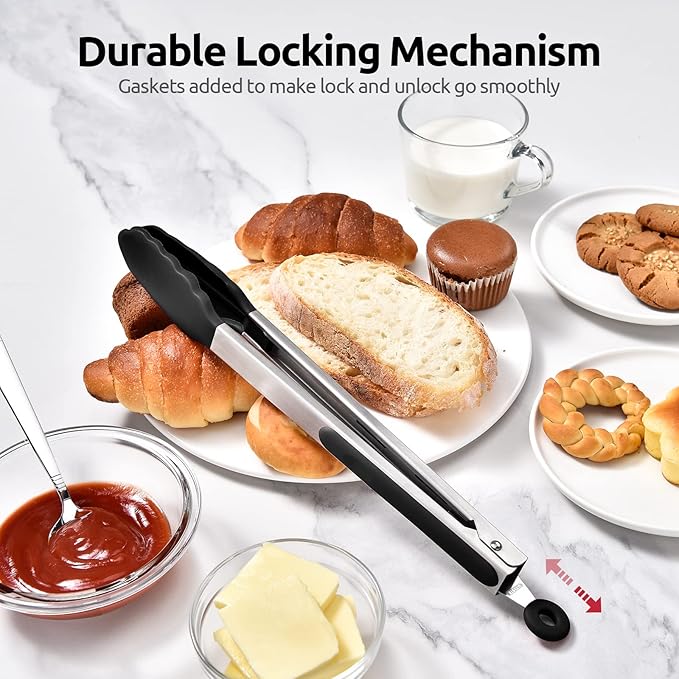 Heat Resistant Silicone Kitchen Tong: U-Taste 12 inch Large 480ºF Hot Proof Cooking Tong with Sturdy Non Stick Rubber Tips & Silicon Coated Steel Handle & Smooth Locking for Serving Grill Salad(Black)