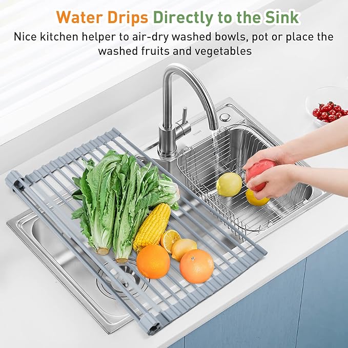MERRYBOX Roll Up Dish Drying Rack, Over The Sink Dish Rack Foldable, Heat-Resistant, Anti-Slip Silicone Coated Steel Dish Drainer for Kitchen Sink, Multipurpose Roll Up Sink Drying Rack, 17.5" x 13"