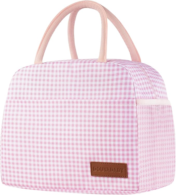 douyadady Lunch Bag Women/Men Lunch Box Women/Men (Pink+White Grid)