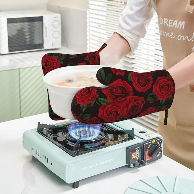 Red Black Rose Flower Oven Mitts and Pot Holders Sets of 4, Heat Resistant Silicone Oven Mittens and Potholders Gloves Hot Pads for Kitchen Cooking Baking Grilling BBQ Chef