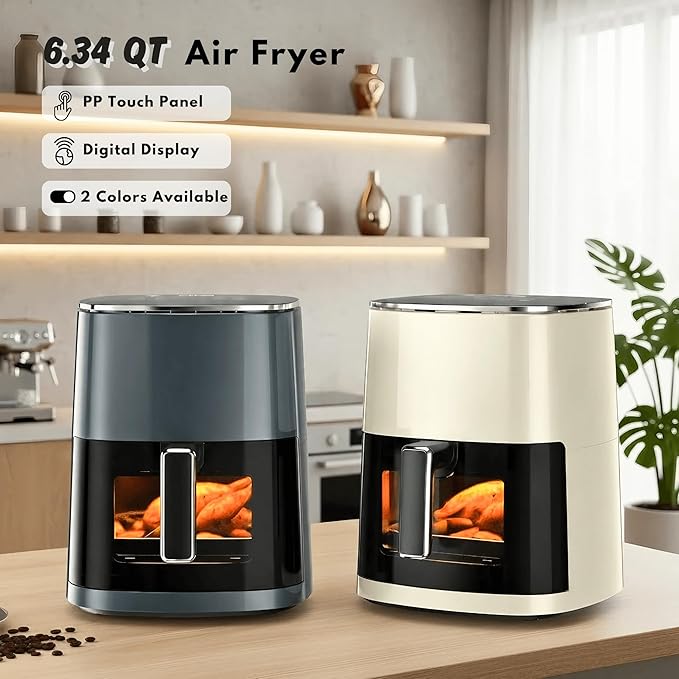 Airfryer 12-in-1,Large Air Fryer 6QT, Square Airfryers Non Toxic, Cooking, Fries, Custard, Chicken Wings, Sea Food, Vegetabels, Nonstick & Easy-Clean Basket, Grey