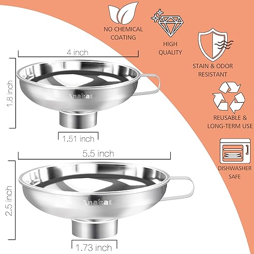 Anaeat Stainless Steel Canning Funnel with Handle for Wide and Regular Jars & Canning Jars, Wide-Mouth Funnels Excellent for Transferring Liquid and Dry Ingredients, Large Solids, Oil, Beans & Jams
