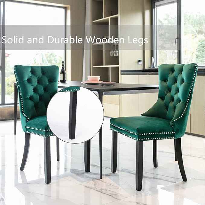 Green Velvet Dining Chairs Set of 2, Upholstered Dining Room Chairs with Back Ring Pull Trim and Solid Wood Legs, Tufted Wingback Kitchen Chairs for Dining Room,Living Room,Kitchen(Green)