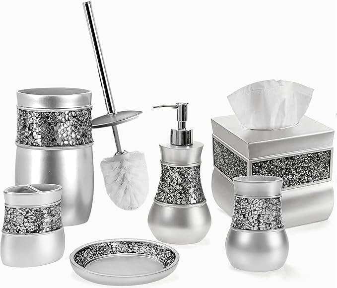 Creative Scents Crackled Glass Silver Bathroom Accessories Set - 6 Piece Bathroom Set Includes: Toilet Brush and Holder Set, Tissue Box Cover, Toothbrush Holder, Soap Dispenser, Soap Dish & Tumbler