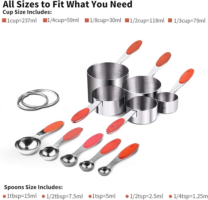 U-Taste 18/8 Stainless Steel Measuring Cups and Spoons Set of 10 Piece, Upgraded Thickness Handle and 1.5oz Heat Resistant Angled Turkey Baster with Cleaning Brush for Cooking Basting (Red)